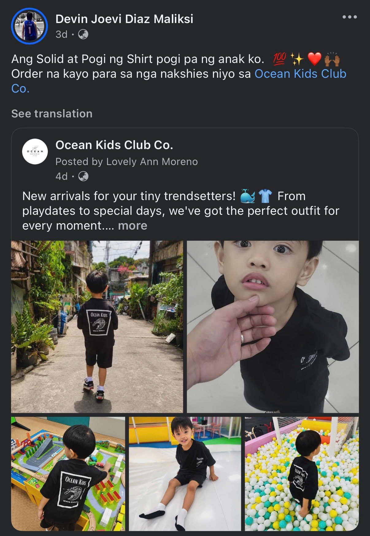 Facebook review praising Ocean Kids shirt